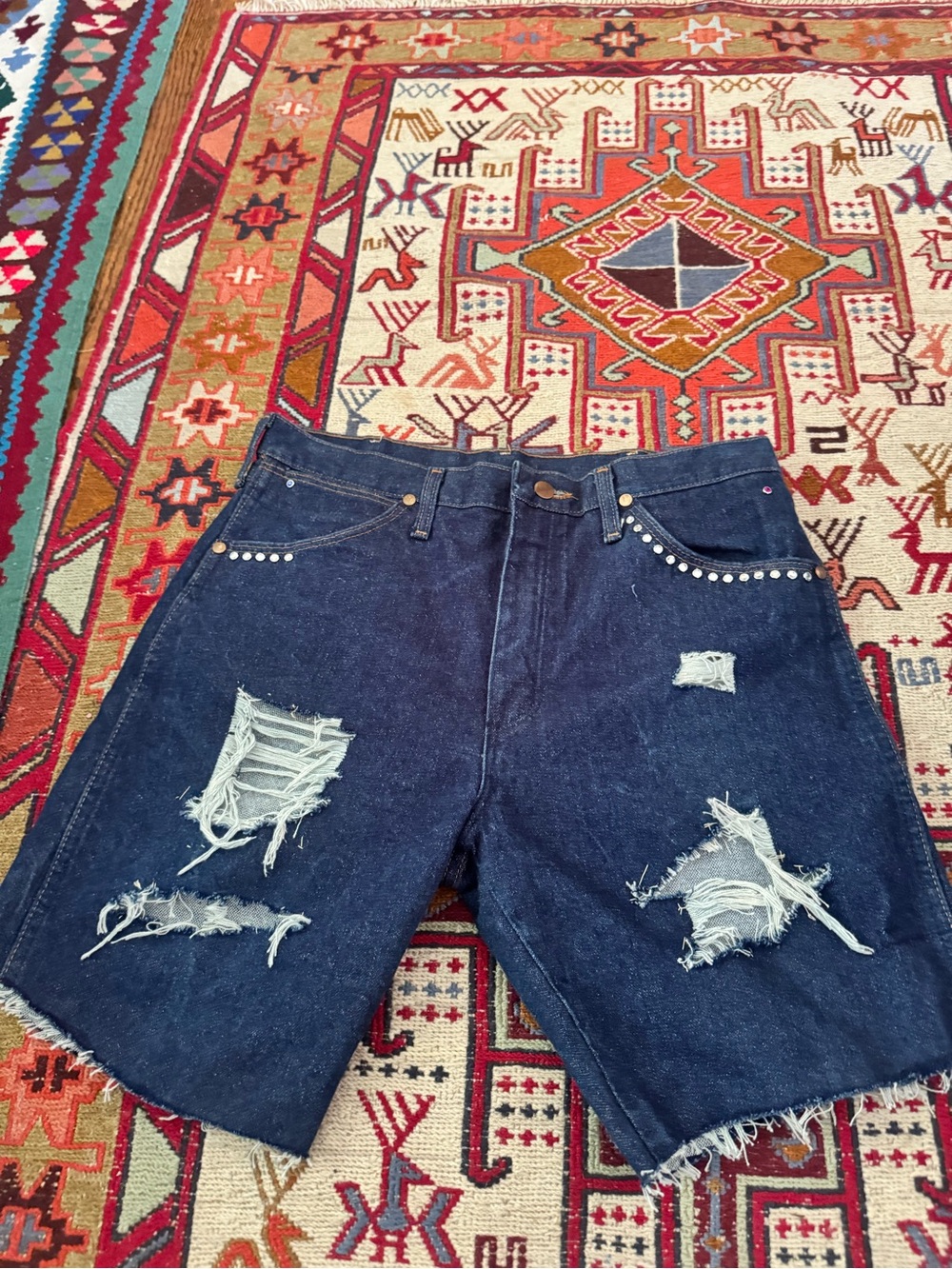 Wrangler Dark Blue Distressed Denim Jean Shorts with Stud Accents